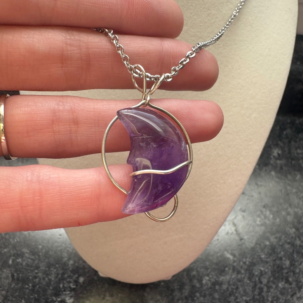 Amethyst Crescent Moon Wire Wrapped Necklace Silver Tone Celestial Boho Pendant